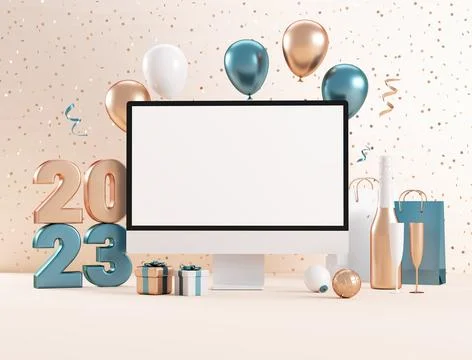 2023 new year computer blank screen mockup with festive stuff and metallic .. Illustrazione stock