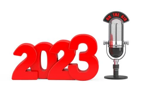 2023 New Year Concept. Red 2023 New Year Sign with Microphone and On The Air  Stock-Illustration