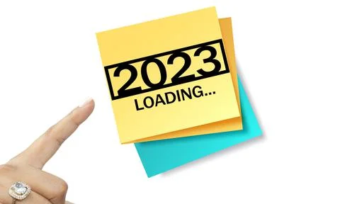 2023 New Year Loading. Loading bar with stikynot 2023 on white background. Stock Photos