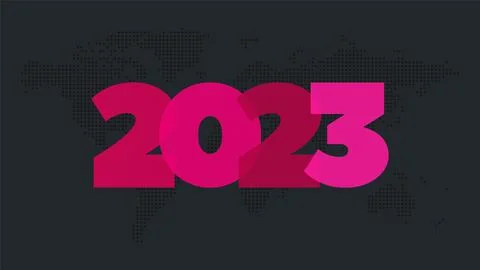 2023 new year vector icon. Pink Transparent symbol. World map background Stock Illustration