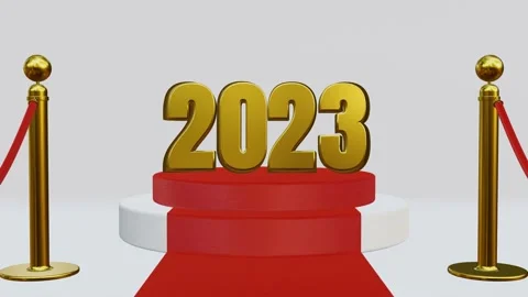 2023 On stage with red carpet and pillars, 2023 Text on stage 3D animation Video stock 225516699