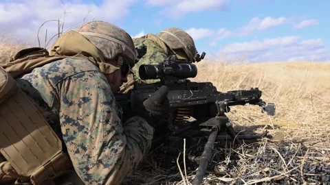 2023 U.S. Marines fire machine guns during a live fire military training field Vidéo 246041277