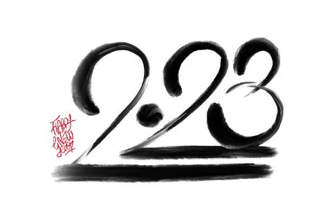 2023 vector ink hand-drawn numbers horizontal composition with happy new year Stock Illustration