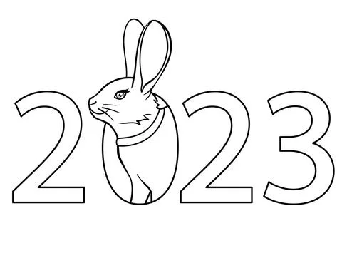 2023 year of the rabbit - vector linear inscription with a rabbit. Outline. Stock Illustration