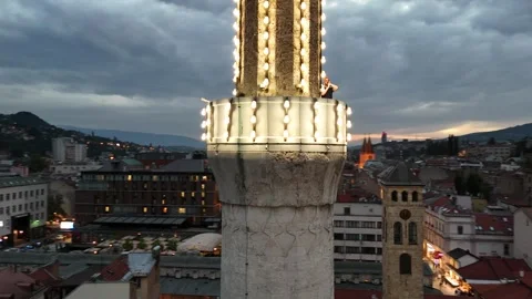 2024-06-22 Bey Mosque Minaret at Dusk with Muezzin Calling to Prayer Stock Footage 295038681