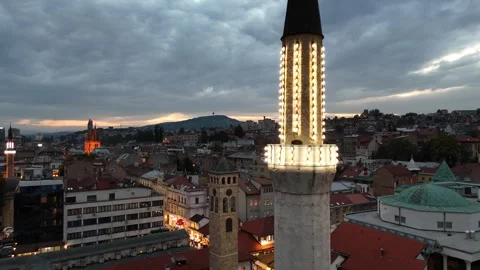 2024-06-22 Reverse Footage Revealing Bey Mosque, Clocktower, Sarajevo Skyline Stock Footage 295040213