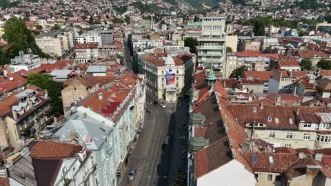 2024-08-11: Reverse Rising Aerial of Walking Street in Sarajevo, Bosnia Stock Footage 294746353