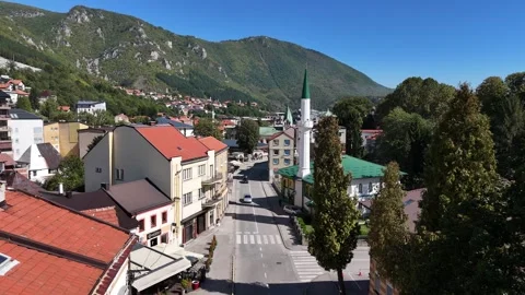 2024-10-22 Forward-moving aerial shot of Travnik street Stock Footage 295203765