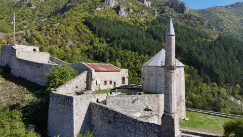 2024-10-22: Rotating Closeup Aerial Shot of Travnik Medieval Fortress Stock Footage 294765792