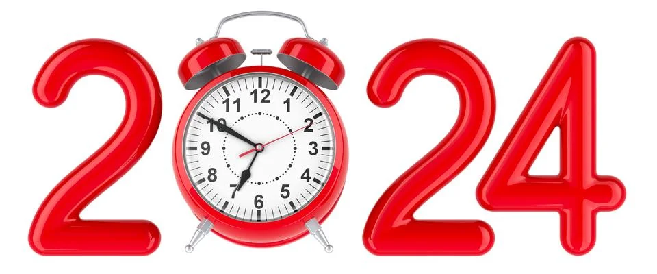 2024 with alarm clock, 3D rendering Stock Illustration