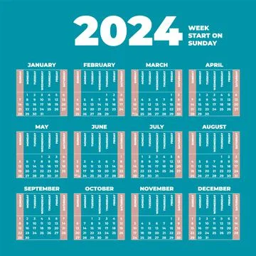 2024 Calendar template with weeks start on Sunday Stock Illustration