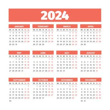 2024 Calendar with the weeks start on Monday Stock Illustration