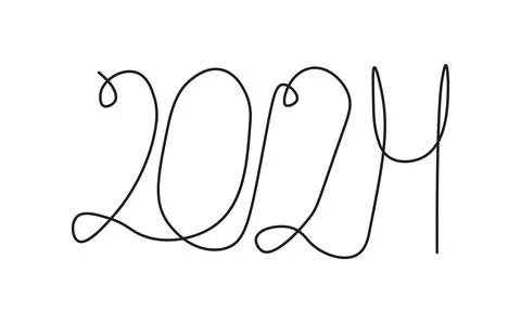 2024 continuous one line. Thin line art freehand font, single outline drawi.. Stock Illustration