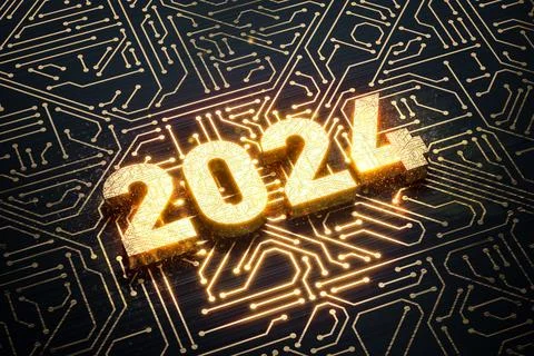 2024 digits on circuit board wire lines golden color shine over black backgro Stock Illustration