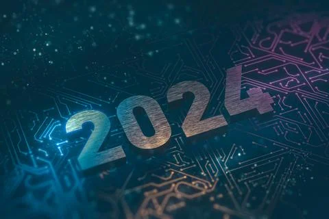 2024 digits on circuit board wire lines shine over dark background design. Hi Stock Illustration