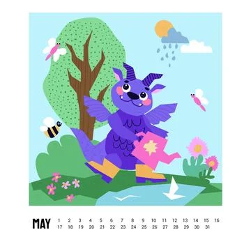 2024 Dragon Calendar. May. The dragon watering flower. Bee, butterfly. Cute Stock Illustration