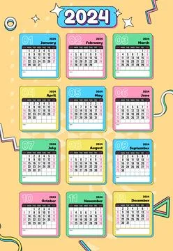 2024 Flat Retro Design Calendar Template Stock Illustration