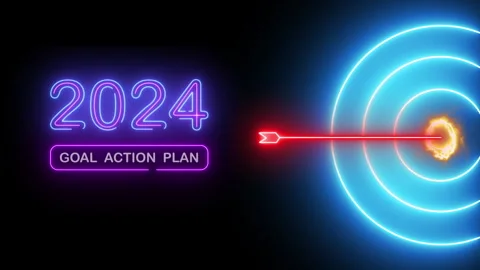 2024 GOAL, ACTION, PLAN with red arrow and archery target Stock Footage 253143710