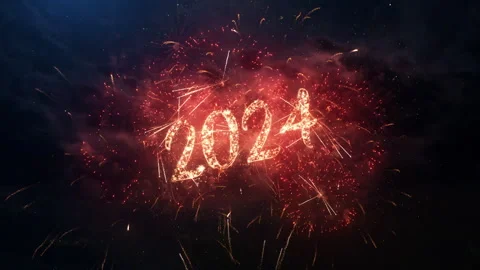2024 greeting text with particles and sparks on the black night sky Stock Footage 258397093