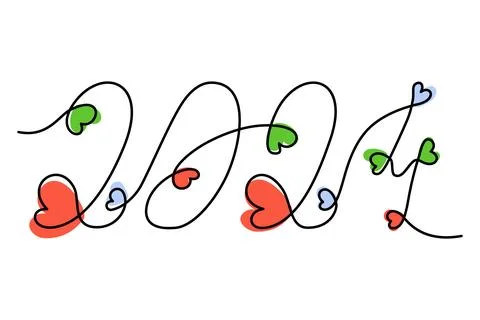 2024 Handwritten lettering in one solid line with hearts in trendy shades. Happy Illustrazione stock