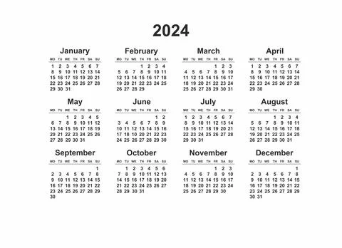 2024 Monday Start Horizontal Black and White Calendar Template, Simple layout 스톡 일러스트