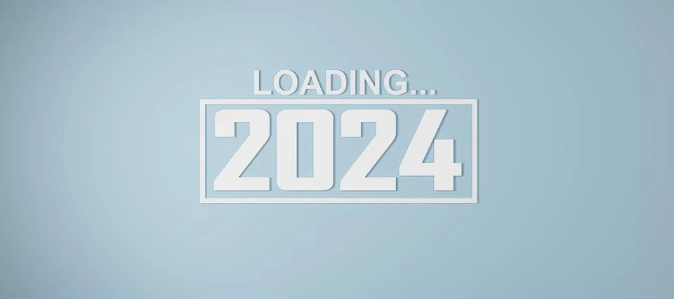 2024 New Year Loading. Loading bar with white text 2024 on blue background. S Illustrazione stock