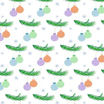 A 2024 New Year seamless pattern with two baubles hanging of a green branch/ Stock Illustration