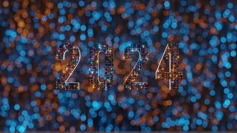 2024 New Year Text display, Glitch Effect and Bokeh Background, 3D rendering Stock Illustration
