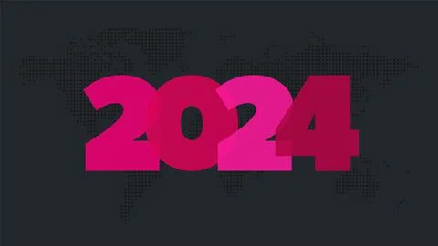 2024 new year vector icon. Pink Transparent symbol. World map background Illustration