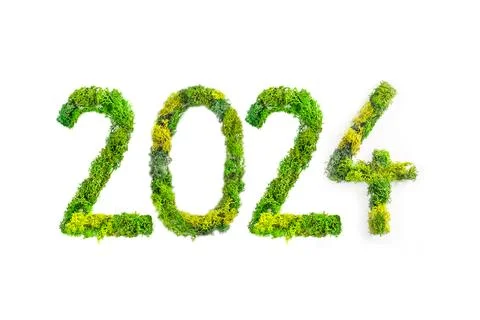 2024 , new year , written with green moss or lichen isolated on white backg.. Stock Photos