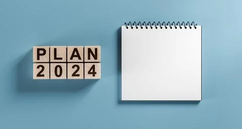 2024 plan and blank notepad. Development success and motivation in 2024. Plan Stock Photos