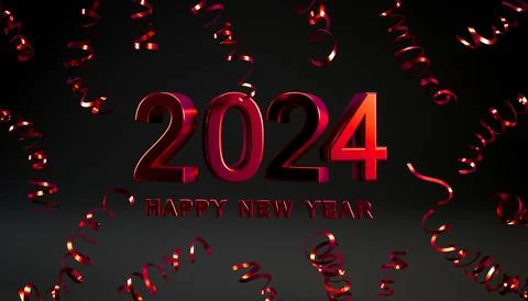 2024 Red 3D text, happy new year concept with confetti isolated on black Illustrazione stock