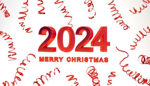 2024 Red 3d text, Merry Christmas card concept with confetti isolated on white Stock Illustration