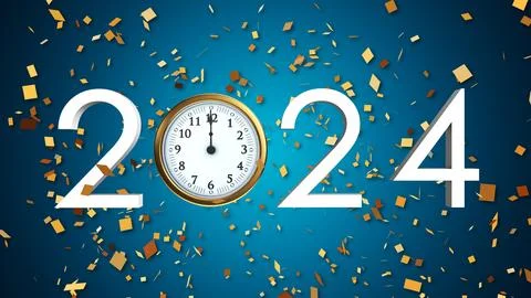 2024 Text with Gold Clock and Confetti blast 스톡 일러스트