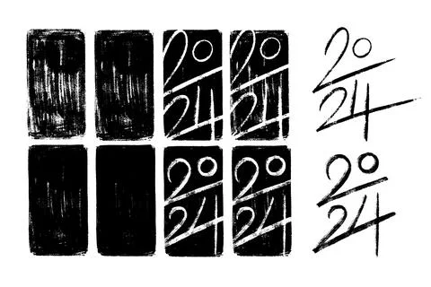 2024 vector hand-drawn numbers vertical compositions with stamp-like backgr.. Stock Illustration