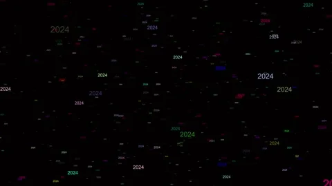 2024 Year Animation Flying through Elements, 4K Black Background Video stock 258793917