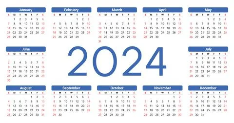 2024 year calendar. Printable vector illustration. English, landscape. Stock Illustration
