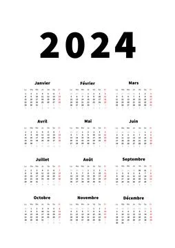 2024 year simple vertical calendar in french language, typographic calendar Stock Illustration