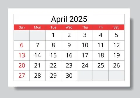 2025 april calendar. A vector collection of English monthly page calendars... Stock Illustration