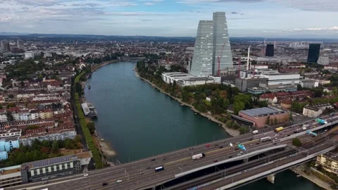 2025 Aug. 2. Basel, Switzerland An aerial view of the city Basel in Switzerland Stock Footage 343784039
