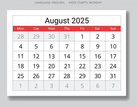 2025 august calendar. A vector collection of English monthly page calendars.. Illustrazione stock