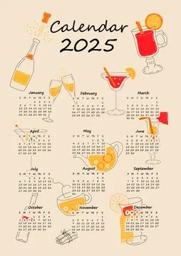 2025 calendar design with different drinks for different seasons. Stock Illustration