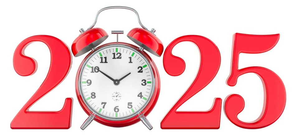 2025 concept with alarm clock, 3D rendering Illustrazione stock