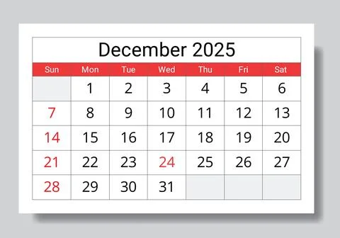 2025 december calendar. A vector collection of English monthly page calenda.. Stock Illustration