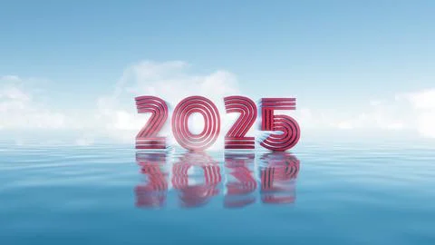 2025 Floating Typography with Water Reflection and Blue Sky Stockillustratie