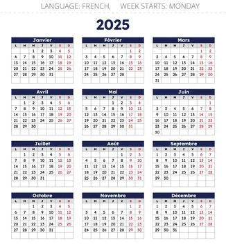 2025 FRENCH calendar. Vector illustration design France. 12 months year cal.. Illustrazione stock
