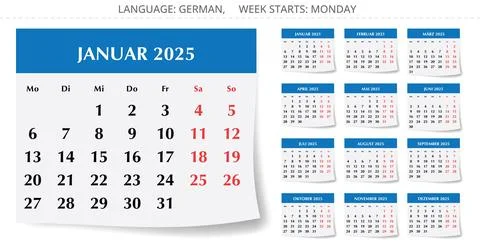 2025 german calendar collection. Vector illustration set like paper page fo.. Stock Illustration