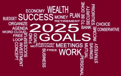 2025 Goals word cloud collage, business new year concept  Stock Illustration