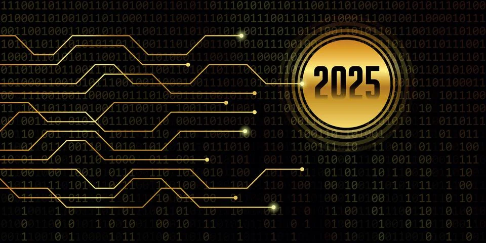 2025 golden number on binary code background Stock Illustration