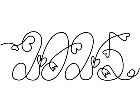 2025 hand drawn continuous line lettering with decorative hearts and flowers Stock Illustration